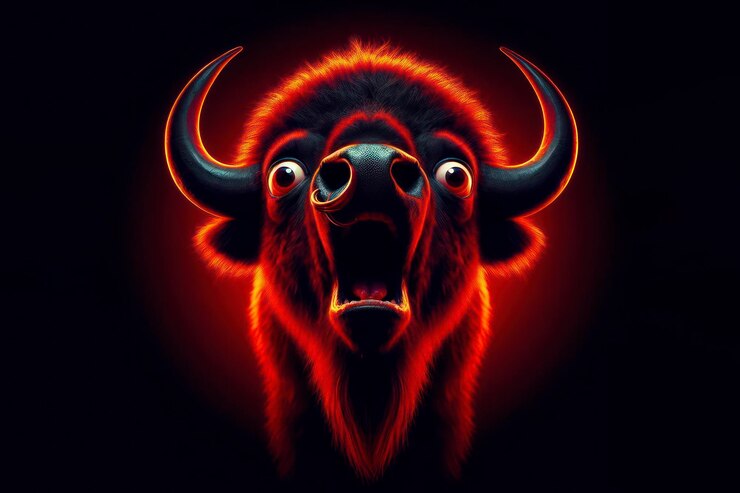 Foto conmocionado y enojado bisonte búfalo con un anillo en la nariz con ojos abultados en fondo negro sólido ai generativo