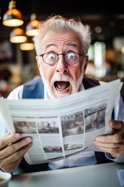 Foto conmocionado y sorprendido anciano leyendo el periódico por la mañana en el café