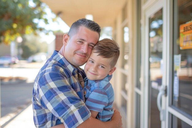 Foto el conmovedor abrazo de un padre a su pequeño hijo frente al jardín de infantes captura una hermosa exhibición de amor paterno y apoyo en un día soleado