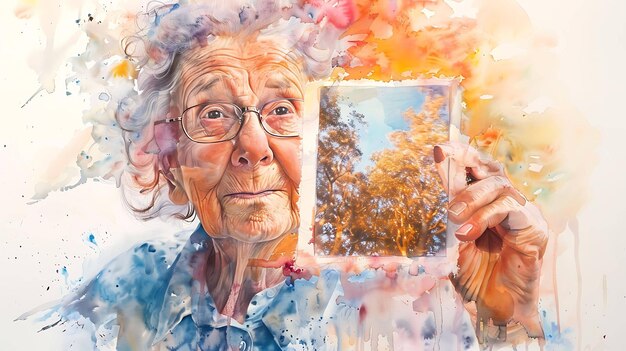 Un conmovedor retrato de una anciana con una cálida sonrisa en los ojos mirando una vieja fotografía en la mano