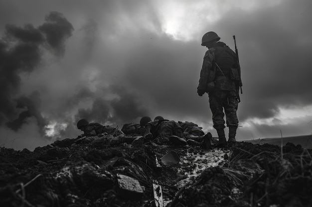 Un conmovedor retrato de guerra, sacrificio y valentía en una fotografía emocional de un soldado de la Segunda Guerra Mundial, una poderosa representación de la pérdida humana y la resistencia en medio de la lucha por la libertad.