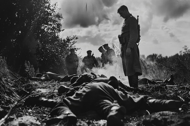 Foto un conmovedor retrato de guerra, sacrificio y valentía en una fotografía emocional de un soldado de la segunda guerra mundial, una poderosa representación de la pérdida humana y la resistencia en medio de la lucha por la libertad.