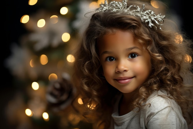 Un conmovedor retrato de un niño iluminado por el suave resplandor etéreo de un árbol de Navidad