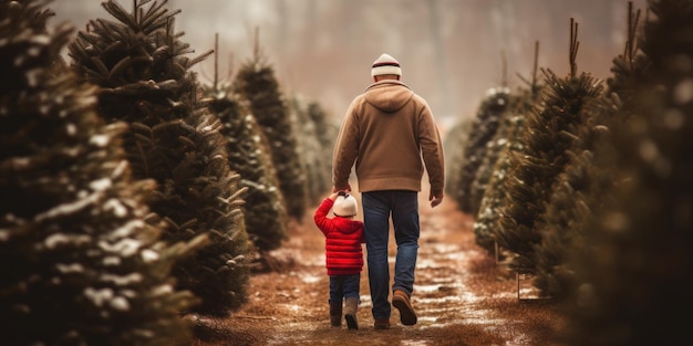 Conmovedora escena de padre e hijo tomados de la mano en una granja de árboles de Navidad mientras seleccionan un árbol de Navidad generativo de IA