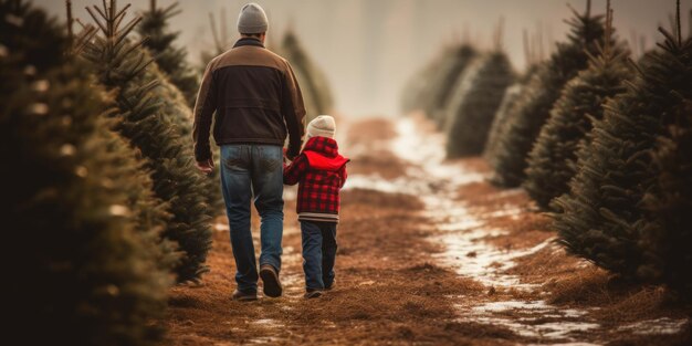 Conmovedora escena de padre e hijo tomados de la mano en una granja de árboles de Navidad mientras seleccionan un árbol de Navidad generativo de IA