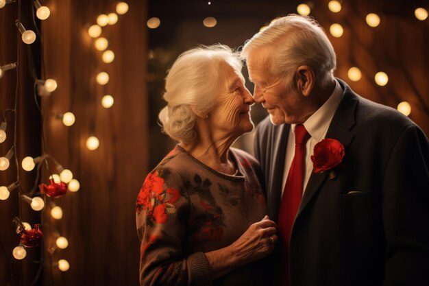 Una conmovedora escena de una pareja de ancianos abrazándose bajo un guiño en medio del resplandor de la Navidad