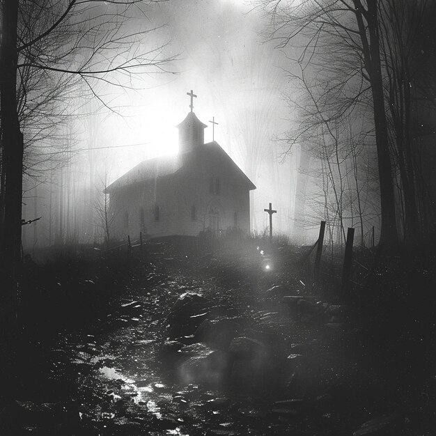 Una conmovedora fotografía en blanco y negro de una tranquila capilla el Viernes Santo