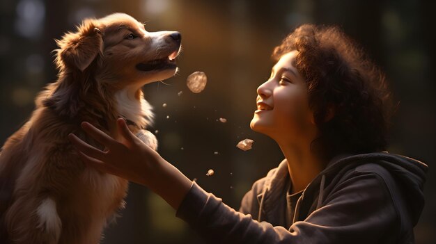 Foto conmovedora imagen de una persona y un cachorro jugando a atrapar