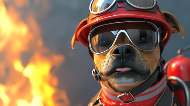 Foto una conmovedora representación en 3d de un adorable perro con un casco de bomberos y equipo listo para hacer frente a cualquier emergencia este valiente cachorro irradia dedicación lealtad y valentía haciéndolo