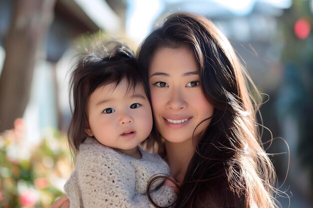 Foto una conmovedora representación del amor y la felicidad dentro de una familia asiática cuando una joven madre y su encantador hijo comparten una sonrisa conmovedora ideal para promover los valores familiares materiales psicológicos