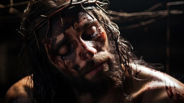 Una conmovedora representación de la crucifixión de Jesucristo el Viernes Santo capturando la solemnidad y el sacrificio de la ocasión