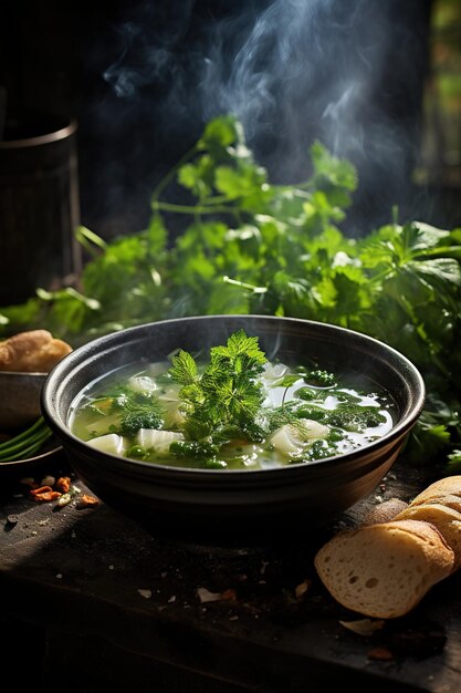 Foto una conmovedora representación rural de un cuenco humeante de sopa casera