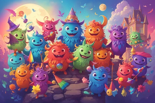 Una conmovedora y vibrante ilustración de un grupo diverso de adorables monstruos mágicos que asisten a una escuela caprichosa
