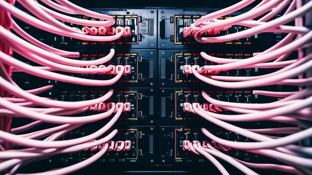 Conmutador de red y cables Ethernet en colores rojo y blanco centro de datos
