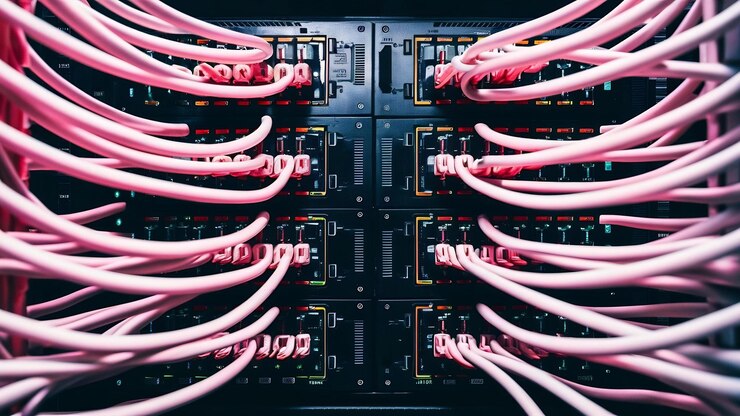 Foto conmutador de red y cables ethernet en colores rojo y blanco centro de datos