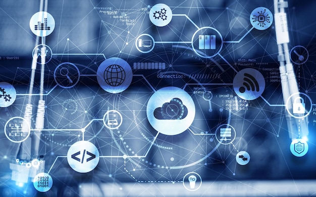 Connection Network Project 2020 Mixed Media Graphics na tela virtual Data Center Cloud Computing