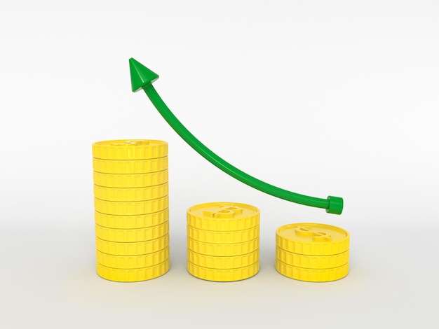 Ícono 3D para el crecimiento de las ganancias Aumentar la inversión empresarial Finanzas economía Flecha sobre las monedas