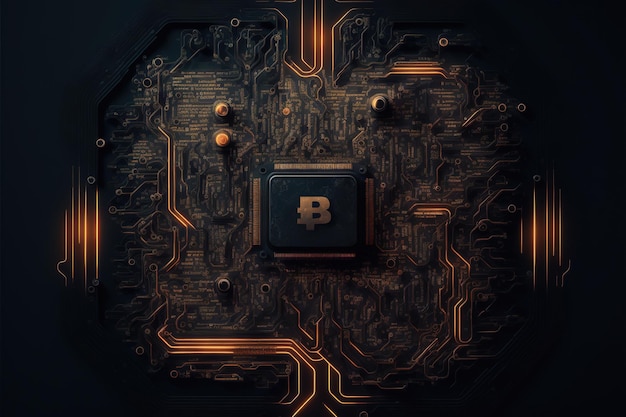 Ícono de Bitcoin en placa base de PC oscura para criotomina en diseño abstracto