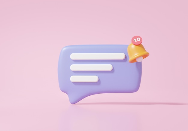 Ícono de chat de burbujas o comentario con campana de notificación Concepto en línea de redes sociales mensaje de chat de conversación comunicación sms Dibujos animados mínimo lindo suave sobre fondo rosa banner 3d render