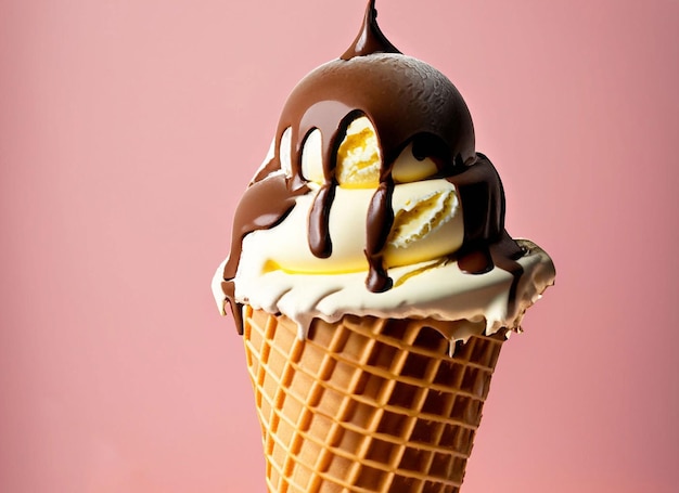 Un cono de chocolate con helado de vainilla encima