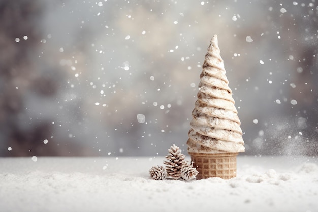 Cono de crema plano con nieve y árbol de Navidad en fondo texturizado