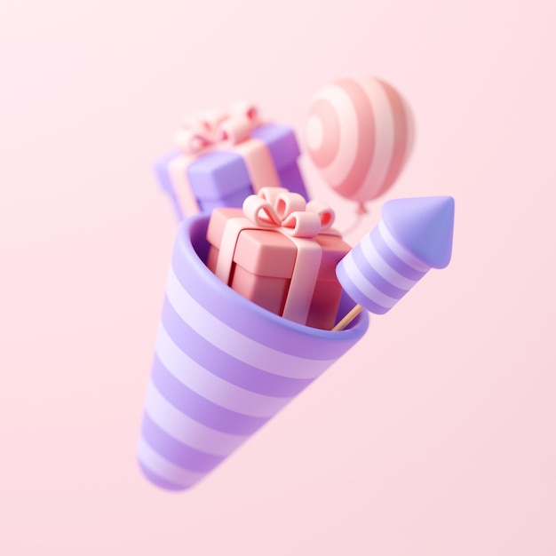 Cono de fiesta a rayas lleno de regalos y una ilustración 3D de fuegos artificiales