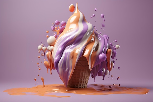 un cono de gofre relleno de helado y glaseado en morado y blanco