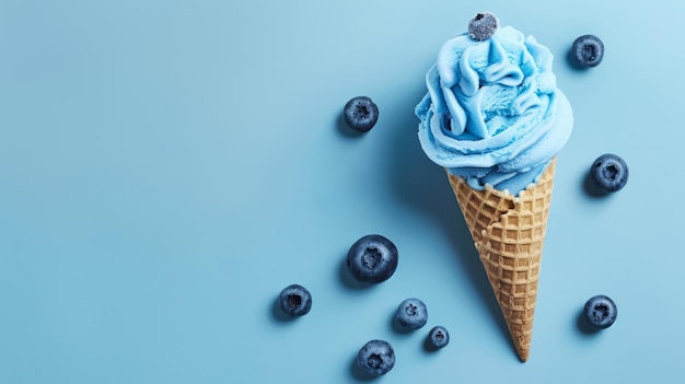 Cono de helado con arándanos sobre un fondo azul