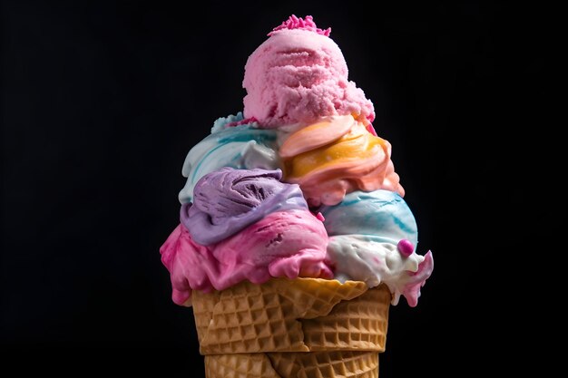 Un cono de helado de arco iris con un fondo negro