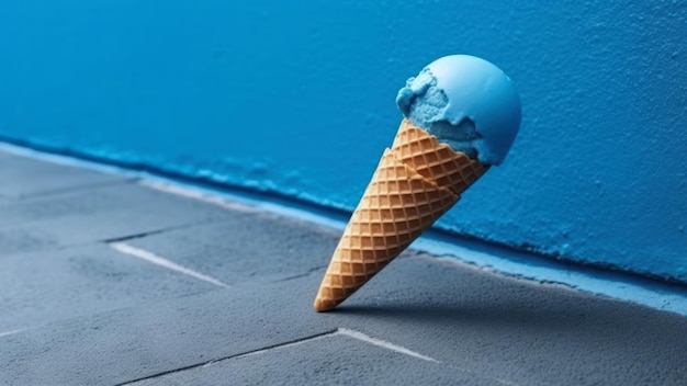 Un cono de helado azul está en una pared azul.