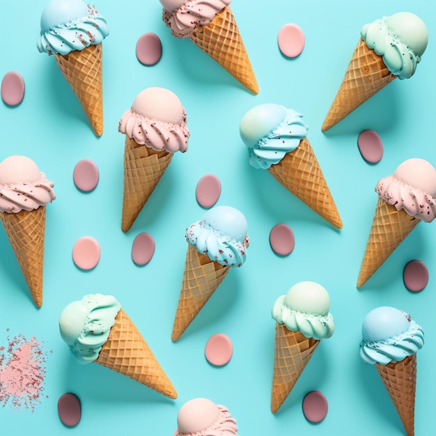 Un cono de helado azul y rosa con glaseado rosa y azul sobre un fondo azul.