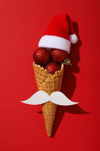 Foto un cono de helado con bigote y gorro de papá noel.