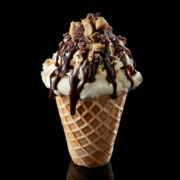 Cono de helado con bolas de helado de diferentes sabores