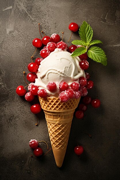 cono de helado con cerezas y una hoja verde