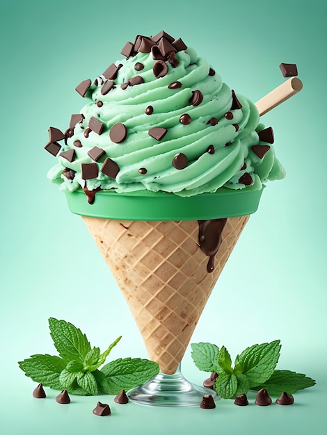 Un cono de helado con chips de chocolate y chips de chocolate generados por la IA