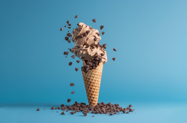 Cono de helado con chispas de chocolate aislado sobre fondo azul.