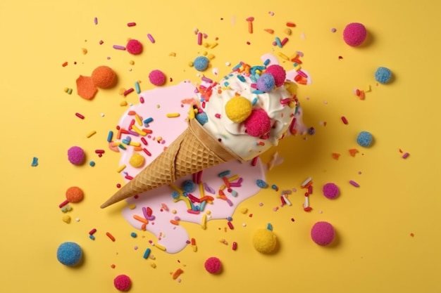 Un cono de helado con chispitas de colores y un fondo rosa.