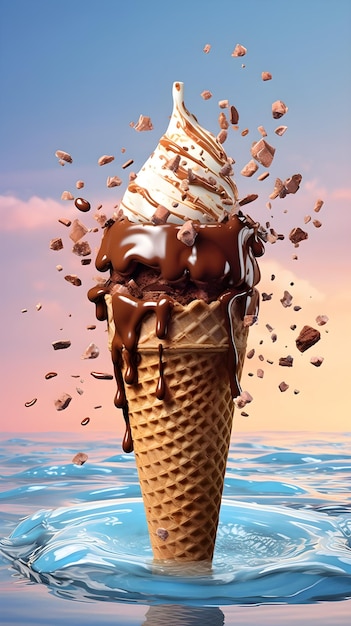 Un cono de helado de chocolate con coberturas de chocolate y caramelo.