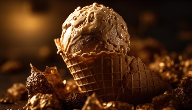 Cono de helado de chocolate indulgente con fruta fresca generado por IA