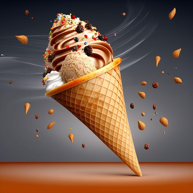 Un cono de helado con chocolate y nueces