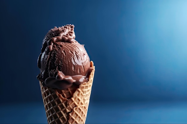 Cono de helado de chocolate sobre fondo azul AI generativo