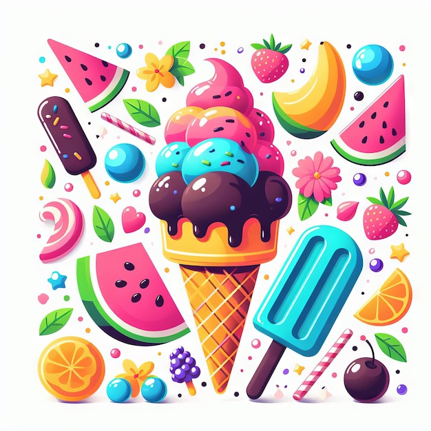 un cono de helado de colores con un cono de hielo de colores en él