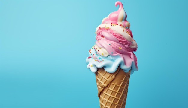 cono de helado de colores que se derrite completamente sobre un fondo azul