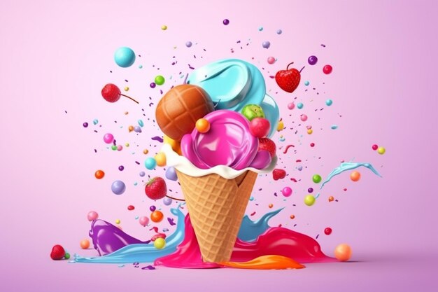 Un cono de helado con un colorido arco iris y chispitas de colores.