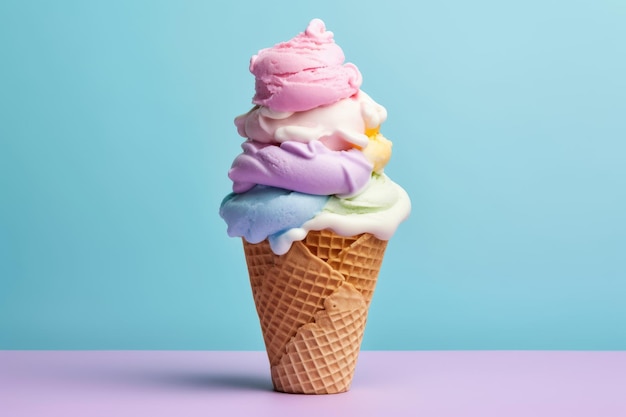 Un cono de helado colorido con un fondo rosa y azul.