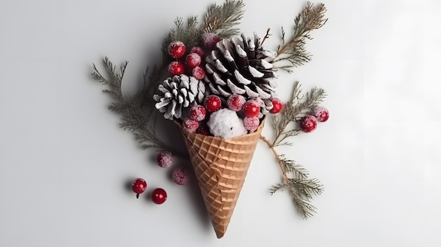 Un cono de helado con un cono de pino y bayas