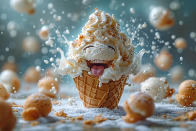 Un cono de helado cremoso divertido Ilustración tridimensional