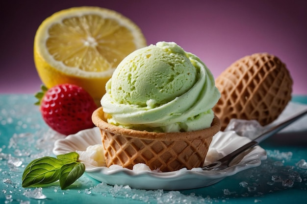 Foto un cono de helado con una cuchara de limón.
