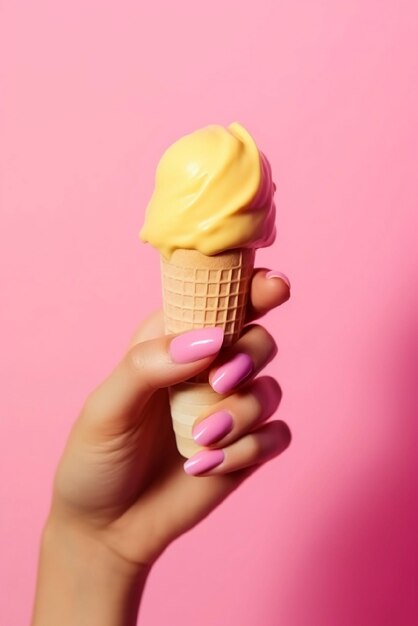El cono de helado derretido en la mano femenina generado por la IA