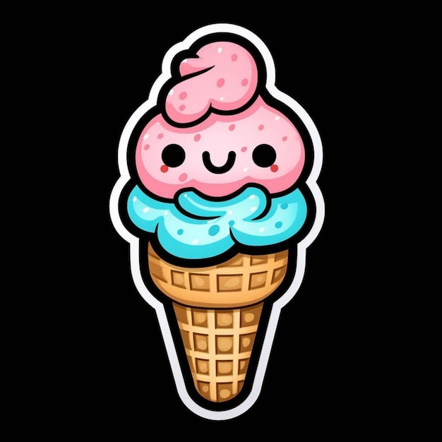 Un cono de helado de dibujos animados con un ai generativo de cobertura rosa y azul